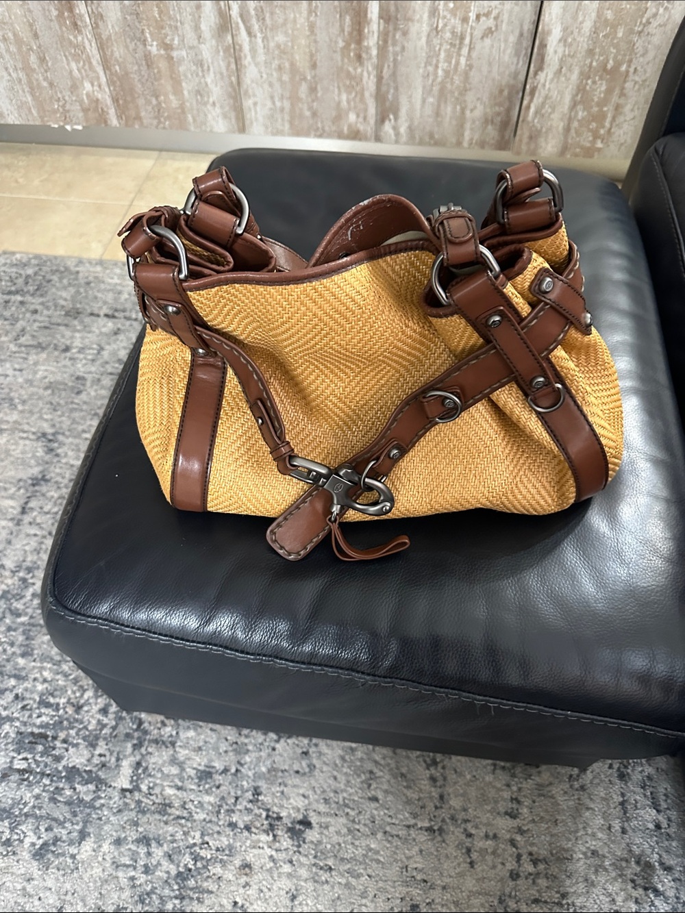 Francesco Biasia Yellow Woven Shoulder Bag with Brown Leather Trim
